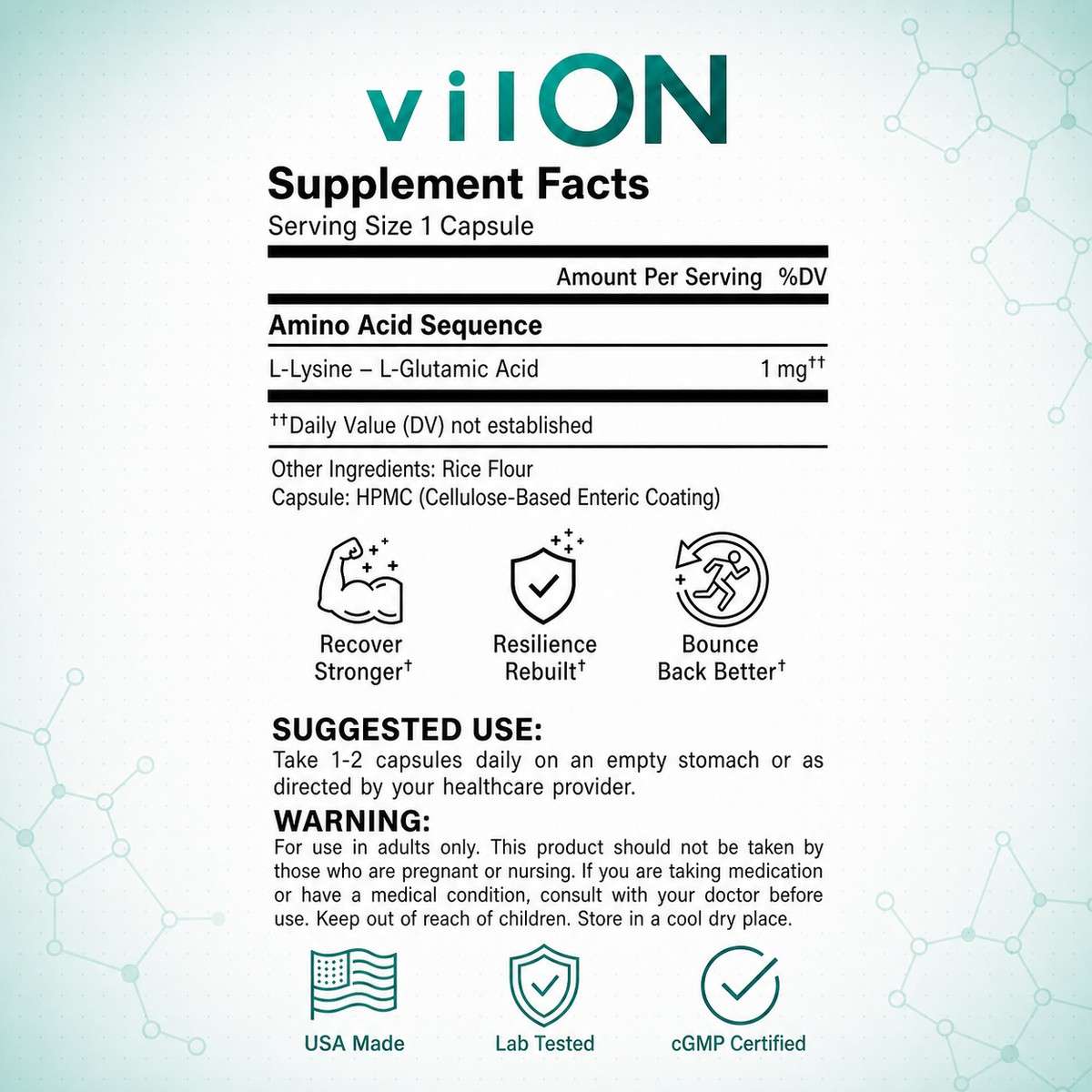Vilon supplement facts label showing 1 mg Lys-Glu per HPMC enteric capsule