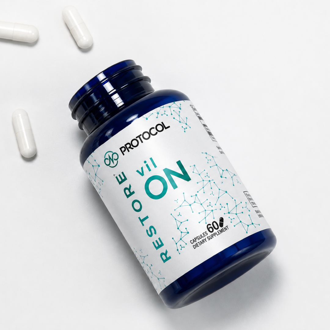 Restore Protocol vilON bottle on a glass surface with a single capsule